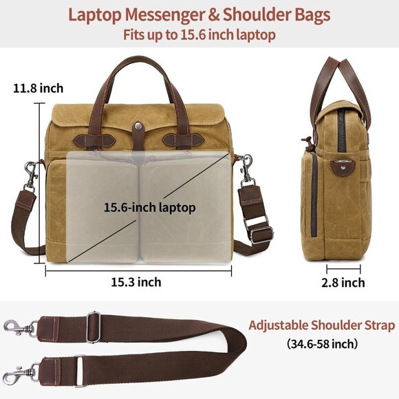 Laptop Bag for Men 15.6 Inch Messenger Bag Water-resistant Waxed Canvas Laptop B - Picture 4 of 6